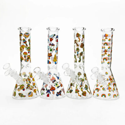 10" Cartoon Mushroom Design Glass Beaker Bong Glow in the Dark